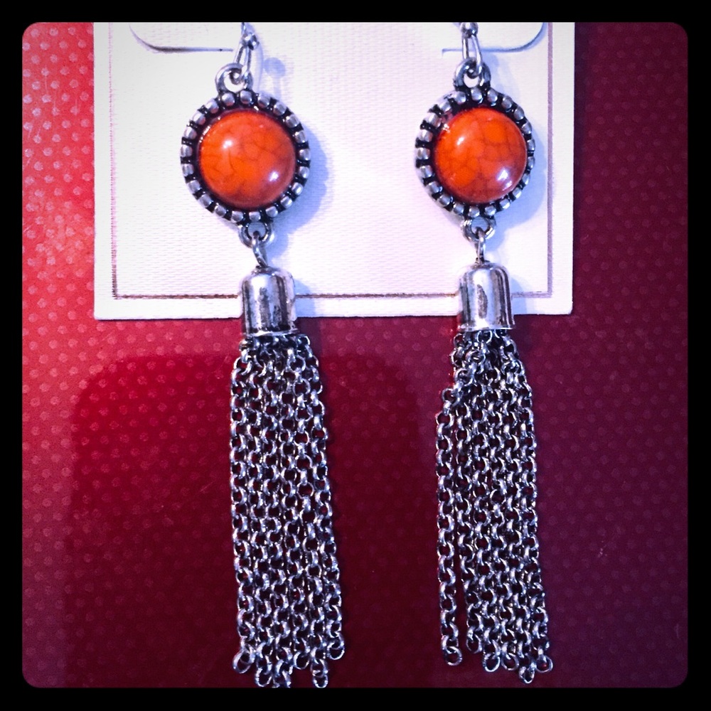 Orange/red dragon vein agate dangle earrings NWOT